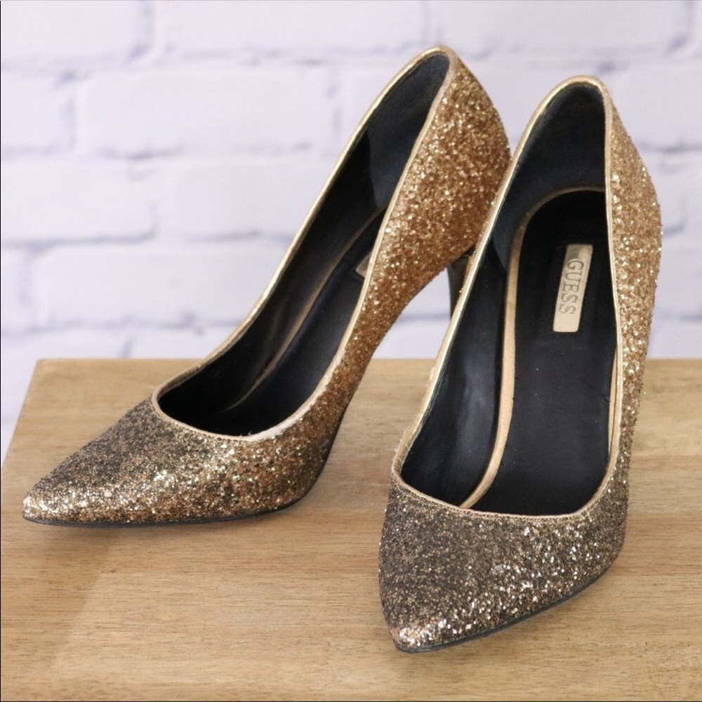 Guess gold glitter pumps 4 inch heel closed toe c3